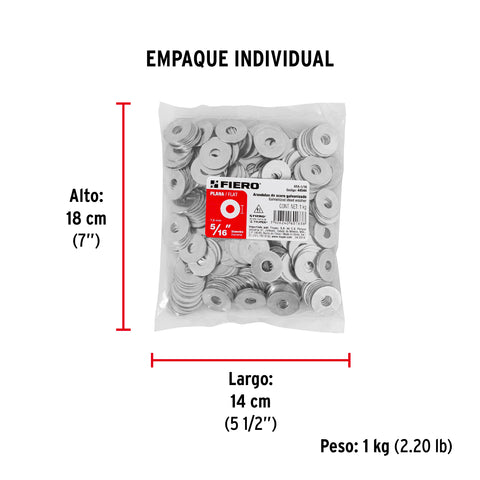 Bolsa de 1 kilo arandelas planas galvanizadas 5/16', FIERO | ARA-5/16 | 44544