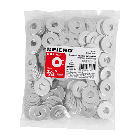 Bolsa de 1 kilo arandelas planas galvanizadas 3/8', FIERO | ARA-3/8 | 44545