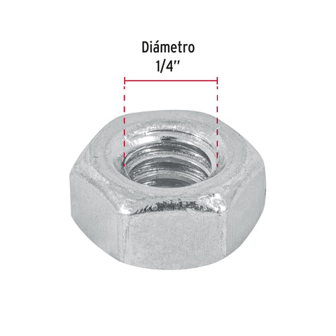 Bolsa con 250 tuercas 1/4' hexagonales de acero galvanizado | TUE-1/4 | 44548