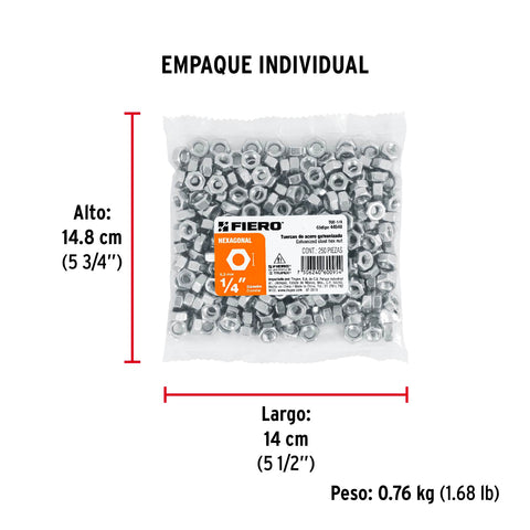 Bolsa con 250 tuercas 1/4' hexagonales de acero galvanizado | TUE-1/4 | 44548