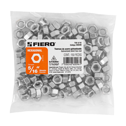 Bolsa con 150 tuercas 5/16' hexagonales de acero galvanizado | TUE-5/16 | 44549