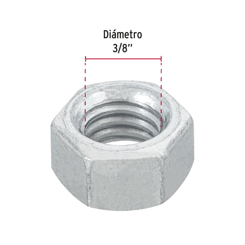 Bolsa con 100 tuercas 3/8' hexagonales de acero galvanizado | TUE-3/8 | 44550