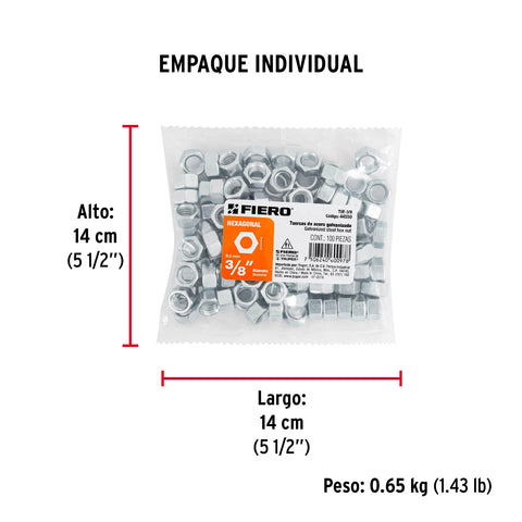 Bolsa con 100 tuercas 3/8' hexagonales de acero galvanizado | TUE-3/8 | 44550