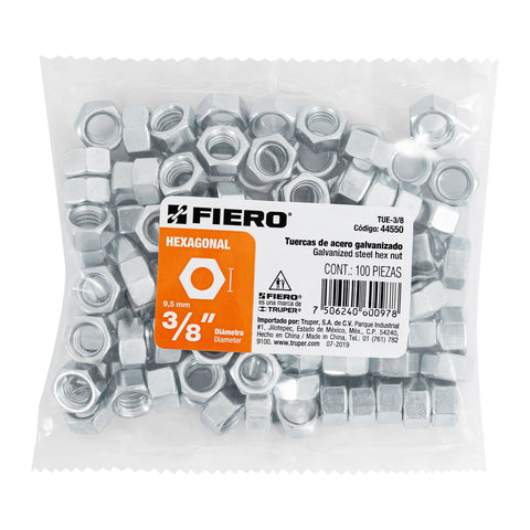 Bolsa con 100 tuercas 3/8' hexagonales de acero galvanizado | TUE-3/8 | 44550