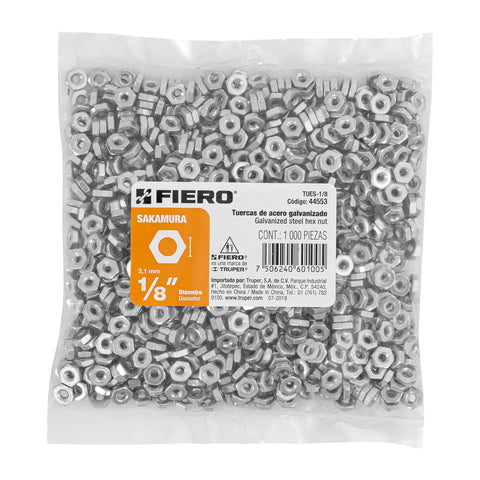 Bolsa con 1000 tuercas 1/8' hexagonales tipo Sakamura, FIERO | TUES-1/8 | 44553