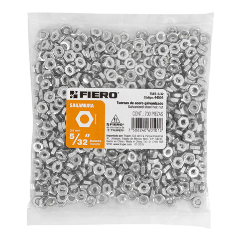 Bolsa con 700 tuercas 5/32' hexagonales tipo Sakamura, FIERO | TUES-5/32 | 44554