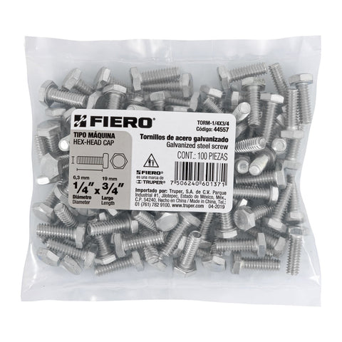 Bolsa con 100 tornillos 1/4' x 3/4' tipo máquina, FIERO | TORM-1/4X3/4 | 44557