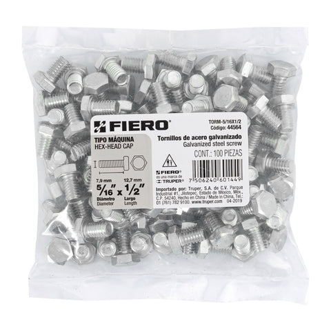 Bolsa con 100 tornillos 5/16' x 1/2' tipo máquina, FIERO | TORM-5/16X1/2 | 44564
