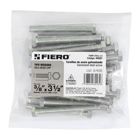 Bolsa con 30 tornillos 3/8' x 3-1/2' tipo máquina, FIERO | TORM-3/8X3-1/2 | 44581