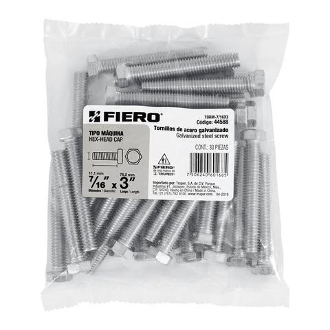 Bolsa con 30 tornillos 7/16' x 3' tipo máquina, FIERO | TORM-7/16X3 | 44588