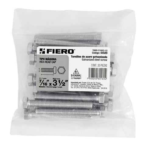 Bolsa con 20 tornillos 7/16' x 3-1/2' tipo máquina, FIERO | TORM-7/16X3-1/2 | 44589