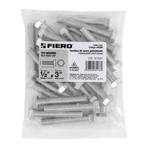 Bolsa con 20 tornillos 1/2' x 3' tipo máquina, FIERO | TORM-1/2X3 | 44596