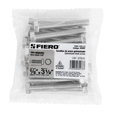 Bolsa con 20 tornillos 1/2' x 3-1/2' tipo máquina, FIERO | TORM-1/2X3-1/2 | 44597