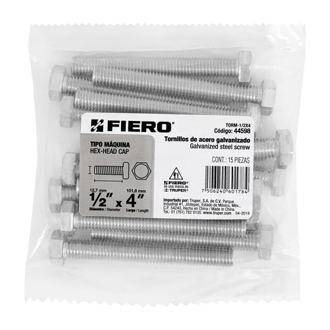 Bolsa con 15 tornillos 1/2' x 4' tipo máquina, FIERO | TORM-1/2X4 | 44598