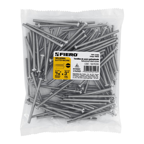 Bolsa con 100 tornillos 3/16' x 3' tipo estufa, FIERO | TORE-3/16X3 | 44622