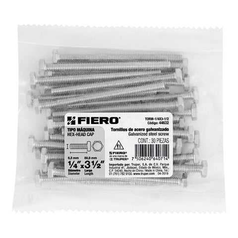 Bolsa con 30 tornillos 1/4' x 3-1/2' tipo máquina, FIERO | TORM-1/4X3-1/2 | 44632