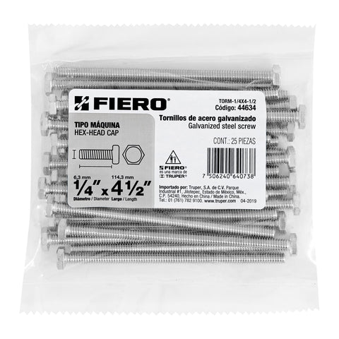 Bolsa con 25 tornillos 1/4' x 4-1/2' tipo máquina, FIERO | TORM-1/4X4-1/2 | 44634