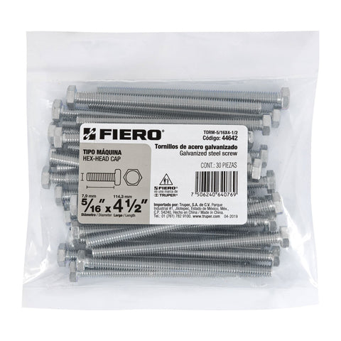 Bolsa con 30 tornillos 5/16' x 4-1/2' tipo máquina, FIERO | TORM-5/16X4-1/2 | 44642