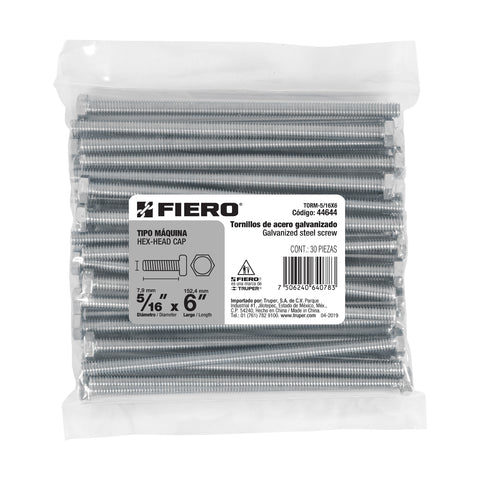 Bolsa con 30 tornillos 5/16' x 6' tipo máquina, FIERO | TORM-5/16X6 | 44644