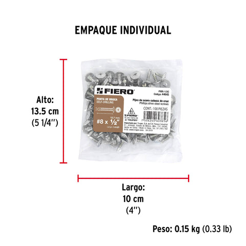 Bolsa con 100 pijas cabeza cruz, punta de broca 1/2', FIERO | PIBR-1/2C | 44645