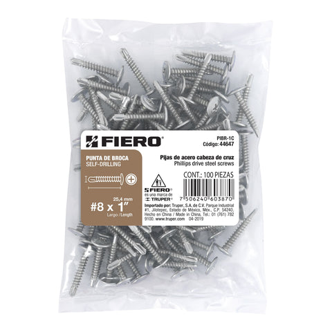 Bolsa con 100 pijas cabeza cruz, punta de broca 1', FIERO | PIBR-1C | 44647