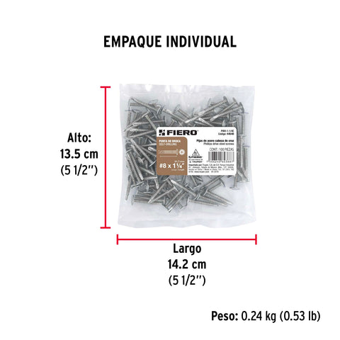 Bolsa con 100 pijas cabeza cruz, punta de broca 1-1/4' | PIBR-1-1/4C | 44648