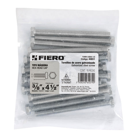 Bolsa con 15 tornillos 3/8' x 4-1/2' tipo máquina, FIERO | TORM-3/8X4-1/2 | 44651