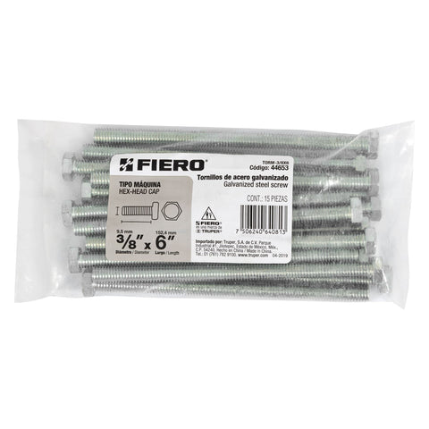 Bolsa con 15 tornillos 3/8' x 6' tipo máquina, FIERO | TORM-3/8X6 | 44653