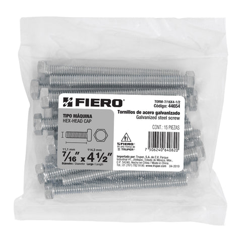 Bolsa con 15 tornillos 7/16' x 4-1/2' tipo máquina, FIERO | TORM-7/16X4-1/2 | 44654