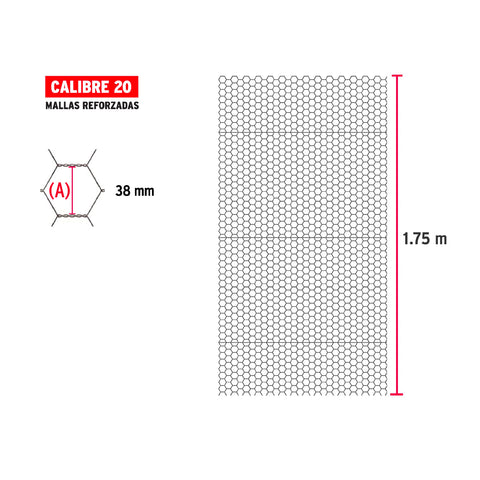 Rollo malla hexagonal cal.20, 1.75x 45m, abertura 38mm, 21kg | MAHE-3817 | 44661