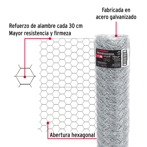 Rollo malla hexagonal cal.20, 1.5x 45m, abertura 50mm, 15kg | MAHE-5015 | 44662