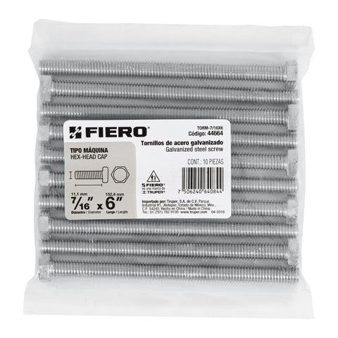 Bolsa con 10 tornillos 7/16' x 6' tipo máquina, FIERO | TORM-7/16X6 | 44664