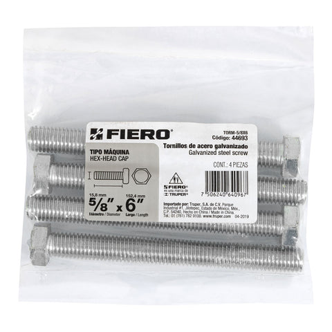 Bolsa con 4 tornillos 5/8' x 6' tipo máquina, FIERO | TORM-5/8X6 | 44693