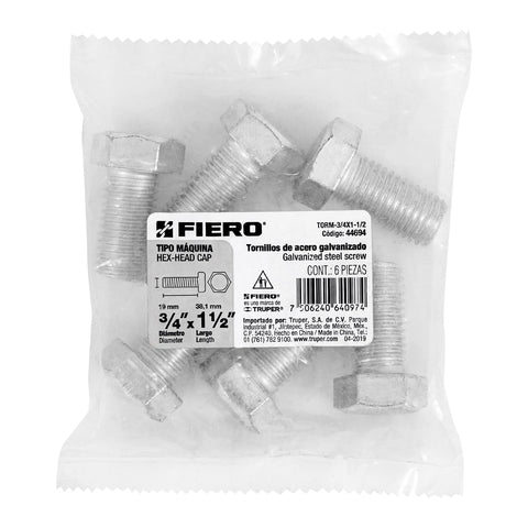 Bolsa con 6 tornillos 3/4' x 1-1/2' tipo máquina, FIERO | TORM-3/4X1-1/2 | 44694