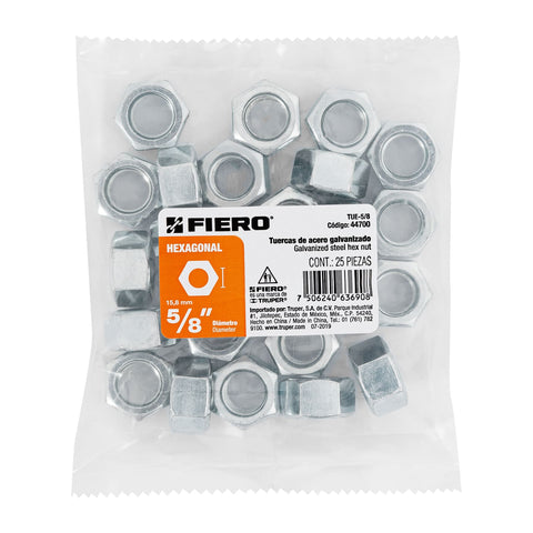 Bolsa con 25 tuercas 5/8' hexagonales de acero galvanizado | TUE-5/8 | 44700