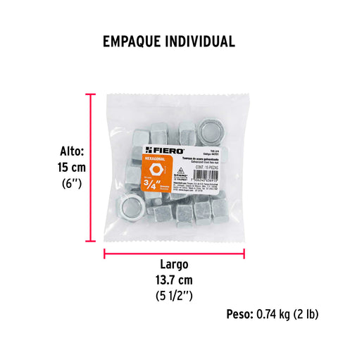 Bolsa con 15 tuercas 3/4' hexagonales de acero galvanizado | TUE-3/4 | 44701
