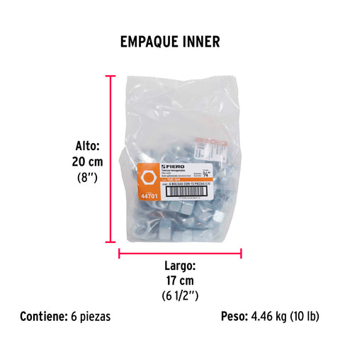Bolsa con 15 tuercas 3/4' hexagonales de acero galvanizado | TUE-3/4 | 44701