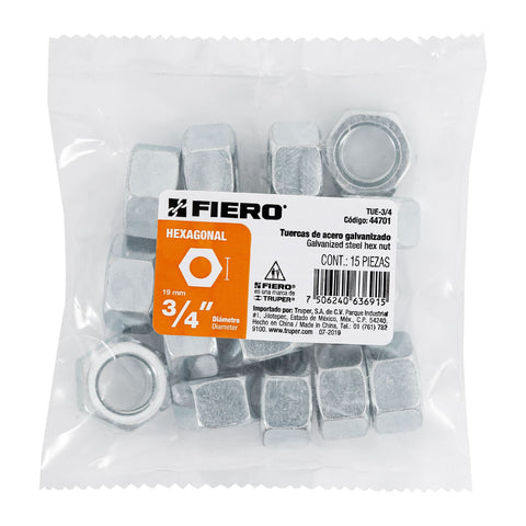 Bolsa con 15 tuercas 3/4' hexagonales de acero galvanizado | TUE-3/4 | 44701