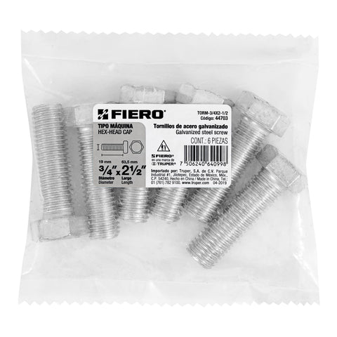 Bolsa con 6 tornillos 3/4' x 2-1/2' tipo máquina, FIERO | TORM-3/4X2-1/2 | 44703