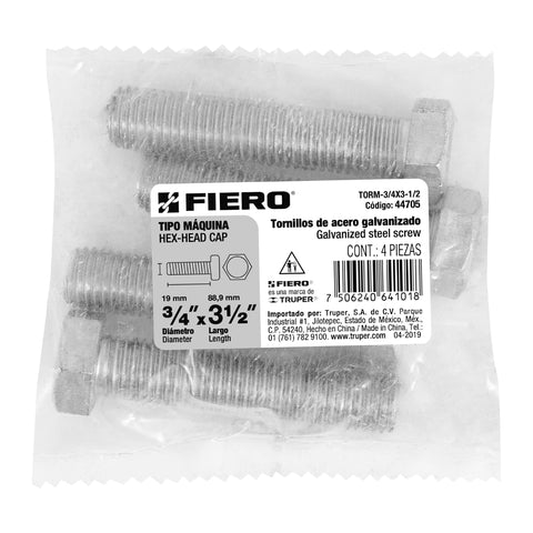 Bolsa con 4 tornillos 3/4' x 3-1/2' tipo máquina, FIERO | TORM-3/4X3-1/2 | 44705