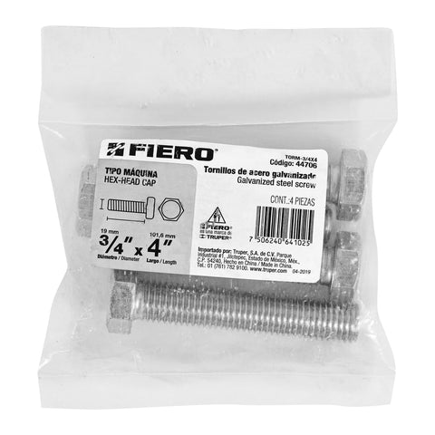 Bolsa con 4 tornillos 3/4' x 4' tipo máquina, FIERO | TORM-3/4X4 | 44706