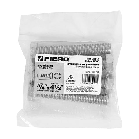 Bolsa con 4 tornillos 3/4' x 4-1/2' tipo máquina, FIERO | TORM-3/4X4-1/2 | 44707