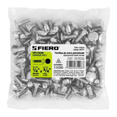 Bolsa con 100 tornillos 1/4' x 3/4' tipo coche, FIERO | TORC-1/4X3/4 | 44711