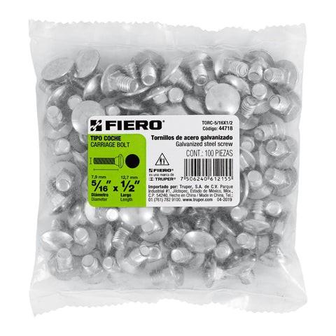 Bolsa con 100 tornillos 5/16' x 1/2' tipo coche, FIERO | TORC-5/16X1/2 | 44718