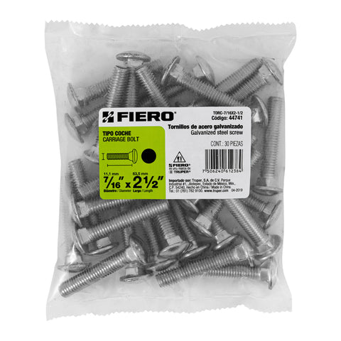 Bolsa con 30 tornillos 7/16' x 2-1/2' tipo coche, FIERO | TORC-7/16X2-1/2 | 44741