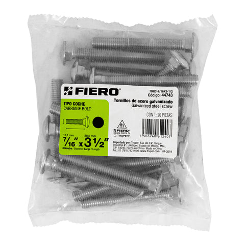 Bolsa con 20 tornillos 7/16' x 3-1/2' tipo coche, FIERO | TORC-7/16X3-1/2 | 44743