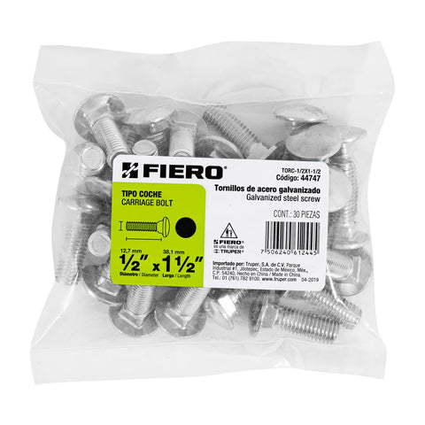 Bolsa con 30 tornillos 1/2' x 1-1/2' tipo coche, FIERO | TORC-1/2X1-1/2 | 44747