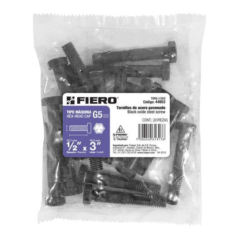 Bolsa con 20 tornillos 1/2' x 3' acero grado 5, FIERO | TOR5-1/2X3 | 44803