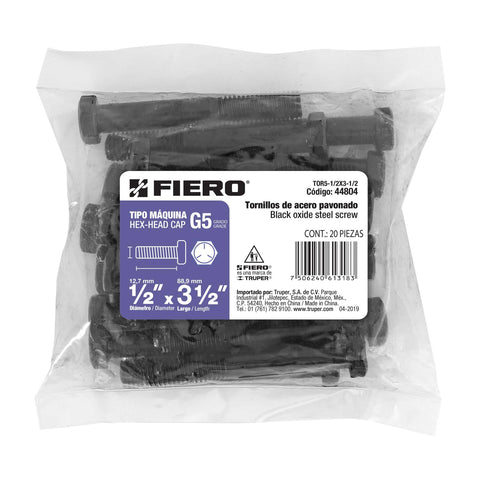 Bolsa con 20 tornillos 1/2' x 3-1/2' acero grado 5, FIERO | TOR5-1/2X3-1/2 | 44804