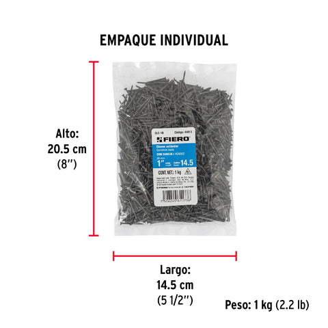 Bolsa con 1 kg de clavo estándar 1' con cabeza, FIERO | CLE-1B | 44813